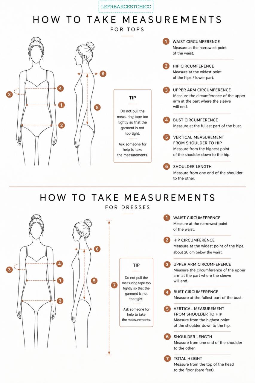 Front and side diagrams of a figure, numbered one to seven, showing where each measurement is taken for tops and for dresses.