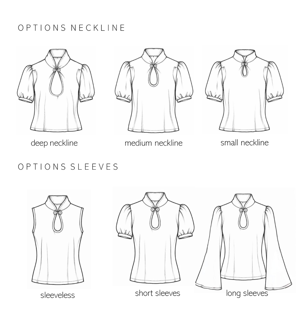 Technical drawings of the three necklines, deep, medium and small, and the three sleeves, sleeveless, short and long.
