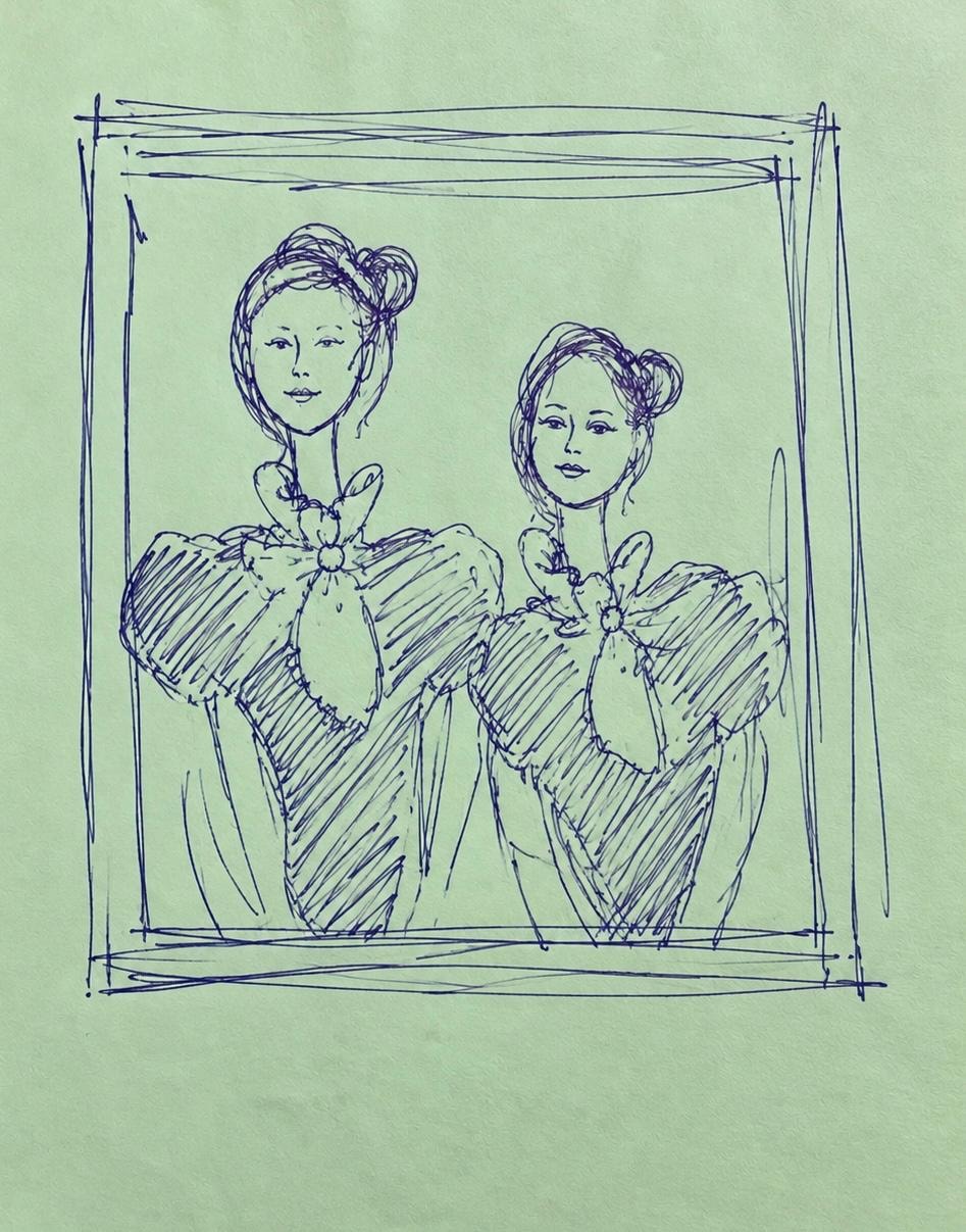 A pen drawing of Maria Pia and Benedetta, framed
